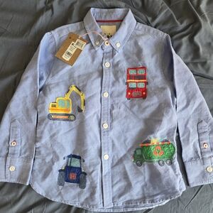 Mini Boden Light Blue Shirt with Colorful Vehicle Design